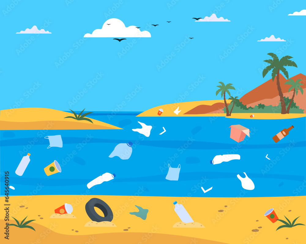 Ecological disaster of plastic waste in the sea polluted nature landscape background