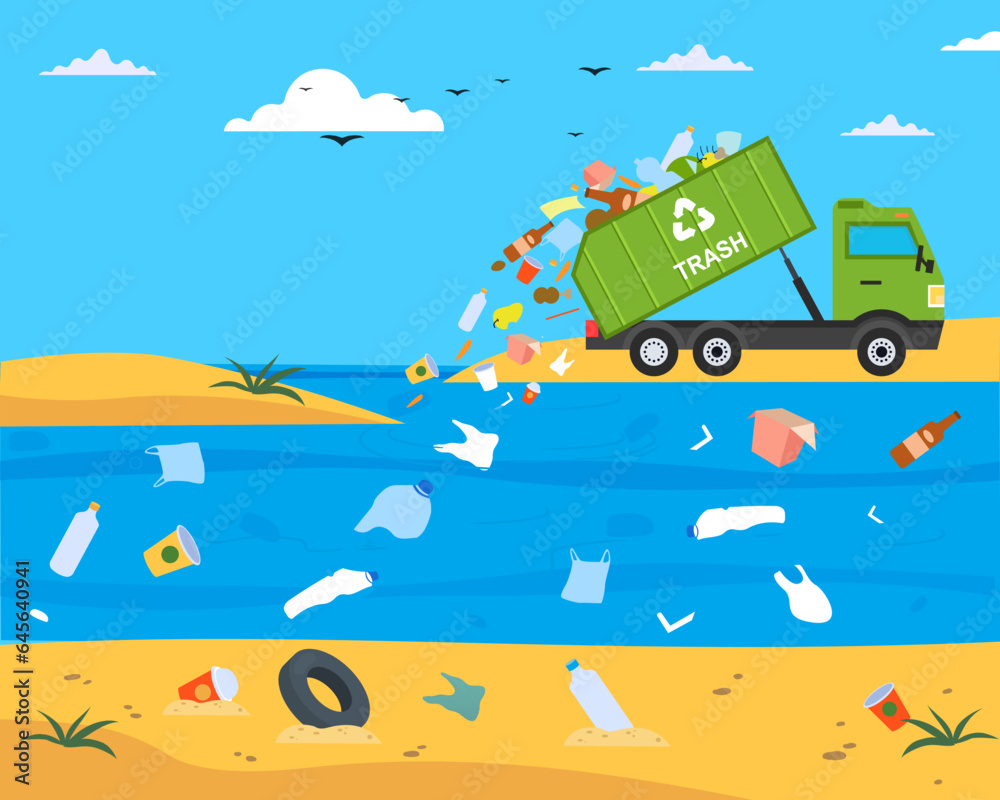 Trash truck throws garbage into the river Ecological disaster of