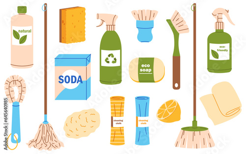 Set of eco-friendly products for house cleaning. Natural organic household stuff. Collection of green home supplies. Flat vector illustration.