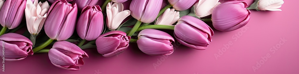 Obraz premium tulips on purple background, copy space