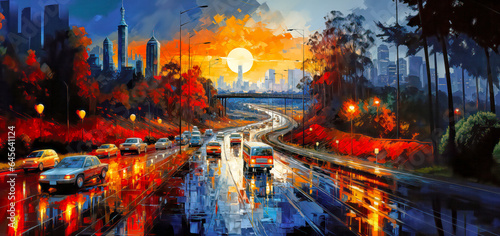 Watercolor painting of a big city highway during the day with many cars and a red buss at sunset  sunrise  light reflections  panorama as a background or wallpaper  generative ai