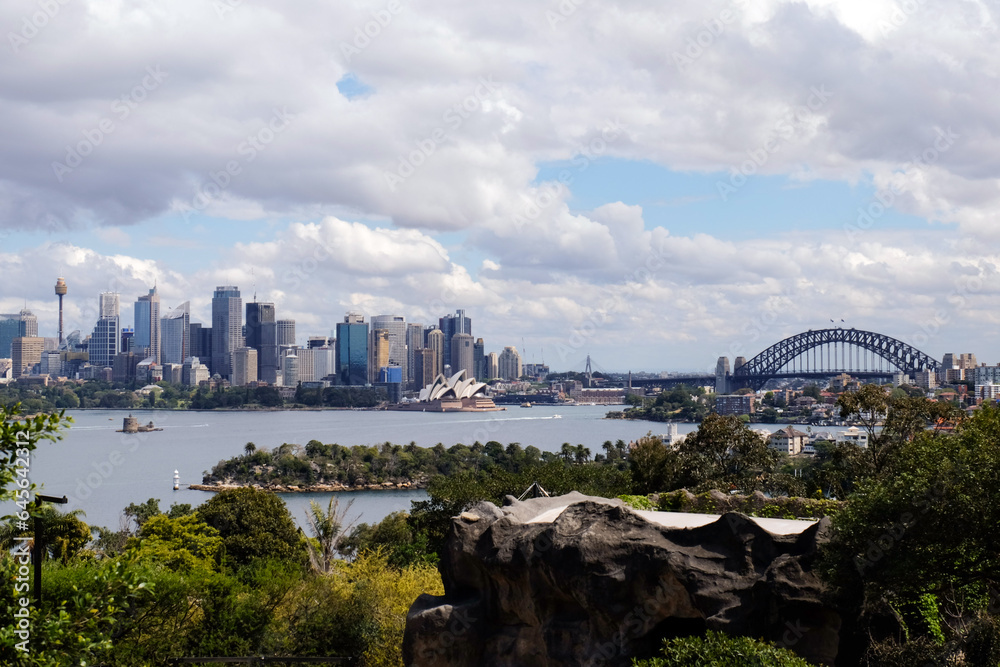 Naklejka premium Distant view of modern buildings and the opera house overlooking the Harbour in Sydney CBD, New South Wales, Australia