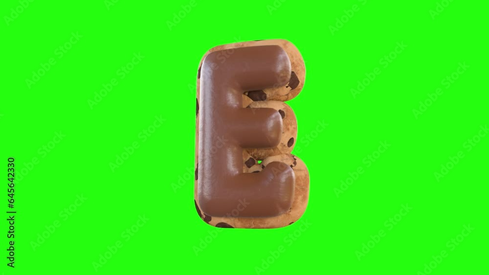 3d animation of the E letter recreating a cookie with chocolate on top 3d animation of the E letter recreating a cookie with chocolate on top