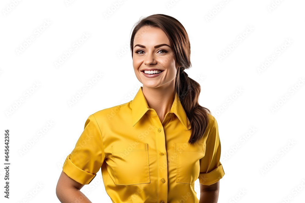 gentle smiling woman in yellow work clothes with rolled up sleeves, png isolated on white transparent background gentle smiling woman in yellow work clothes with rolled up sleeves, png isolated on white transparent background
