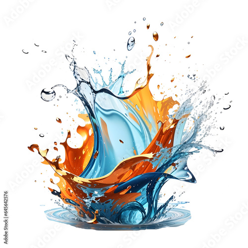 Orange and blue liquid splash isolated on white background