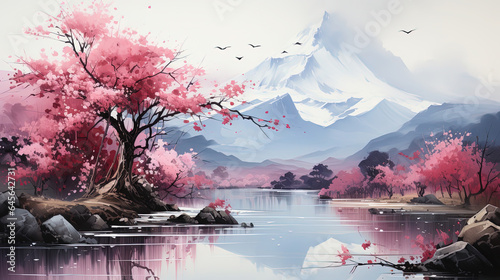 Artwark Painting of Minimal Flowing River and Snow Mountains Under Sky