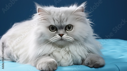 A Beautiful Muppet White Cat with Big Eyes Laying on The Bed Domestic Animal Selective Focus