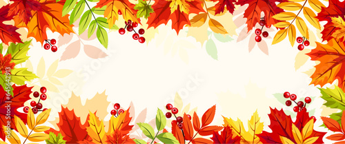 Autumnn background with red, orange, yellow, and green autumn leaves and rowanberries. Vector banner or header photo