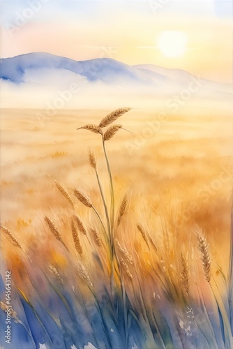 Beautiful wheat field. Watercolor landscape. AI generated illustration