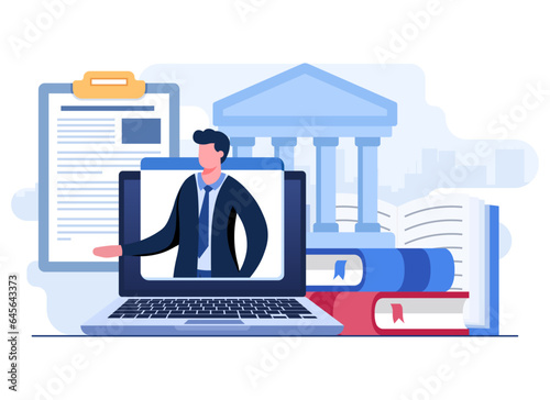 Online legal consultation flat illustration, Lawyer, Legal assistance in business, Legal advice, Law and justice, Remote consulting concept for ui, web design, landing page, web banners, mobile app