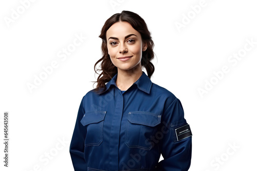 gentle smiling woman technician, in dark blue work clothes, png isolated on white transparent background