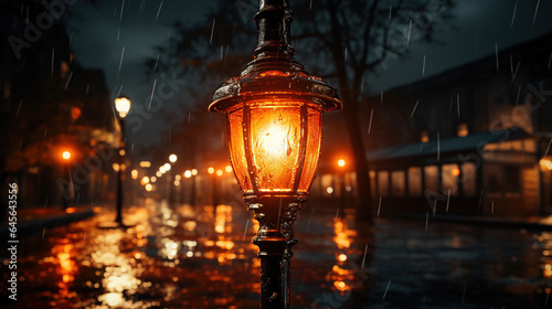 Empty Street Wet Stone Path at Night With Classic Street Lamp in Rain