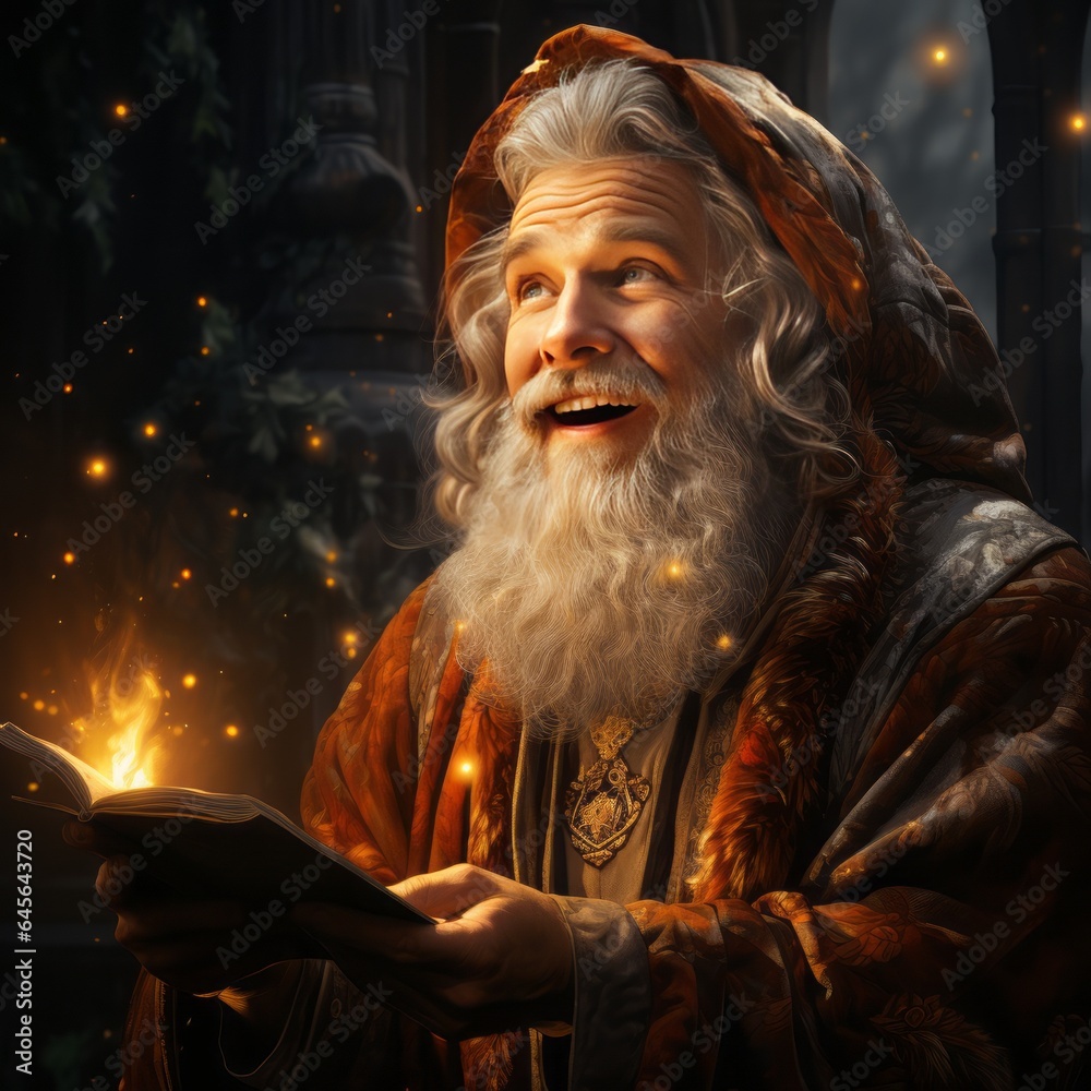 Mystical Christmas Sage: A Wise Wizard in Festive Red Robes with a Magical Book, generative ai 