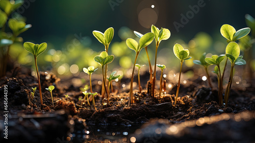 Young Group of Plants Growing Out of The Ground With Light in Background