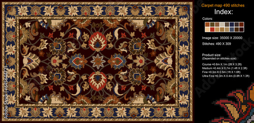 Colorful carpet pattern for knitting cross stitch, carpet, rug, fabric, knitting, etc., with mosaic squares and grid guidelines. 490 stitches. Read the index to learn the details.
