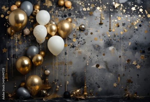 design, gift, balloon, gold, anniversary, birthday, christmas, decoration, event, greeting. anniversary party is coming to celebrate. luxury decoration, black and gold balloon put in background.
