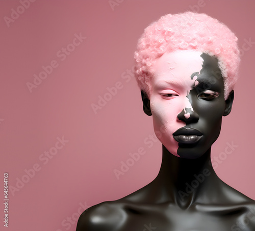 Fashion Concept. Closeup portrait of stunning chiseled features woman portrait in pink paint clay pigmentation. illuminated with dynamic composition. sensual, advertisement, magazine. copy space