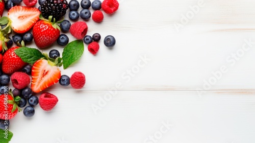 top view of fresh fruits, vegetables and berries on white background