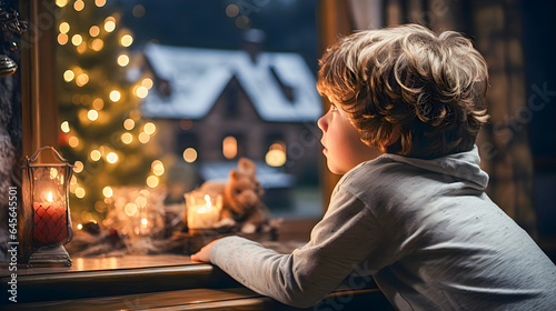 Child waiting for Santa Claus looking out the window at a Christmas landscape. Children's Christmas illusion. Merry christmas. Generative ai.
