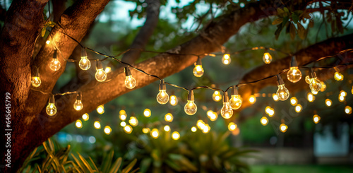 outdoor party string lights hanging in backyard on green bokeh garden background with copy space 