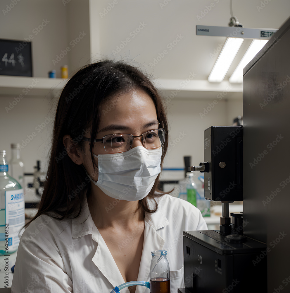 Asian female scientist using microscope and test tubes in laboratory., AI Generative Asian female scientist using microscope and test tubes in laboratory., AI Generative