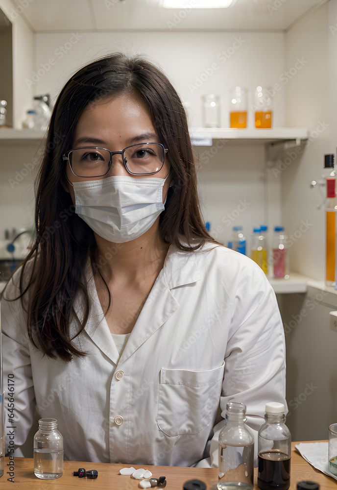 Asian female scientist using microscope and test tubes in laboratory., AI Generative Asian female scientist using microscope and test tubes in laboratory., AI Generative