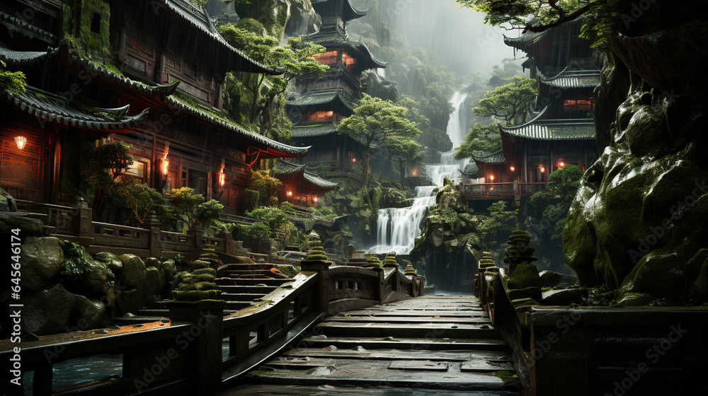 a Walkway is Leading to a Waterfall in The Rain in the Style of Japanese Theme