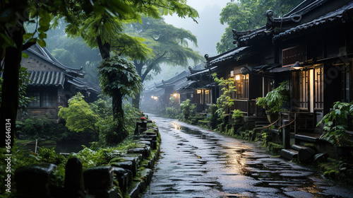 Wet Road of Chinese Ancient Village Foggy Mountains and Old Traditional Houses