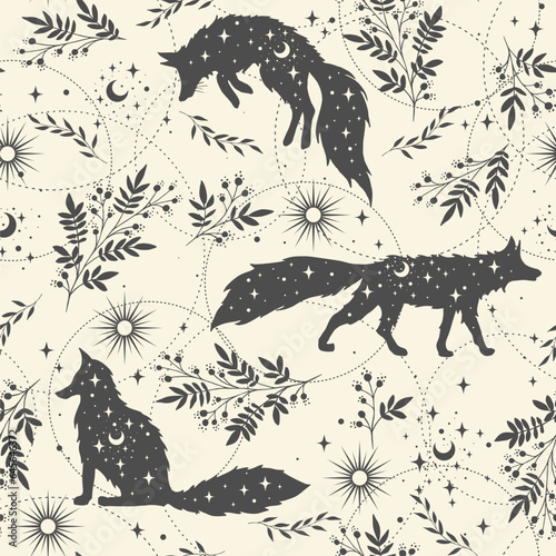 Magical seamless pattern with fox, plants, stars, moons. Boho pattern. Can be used for fabric, wallpaper, textile.