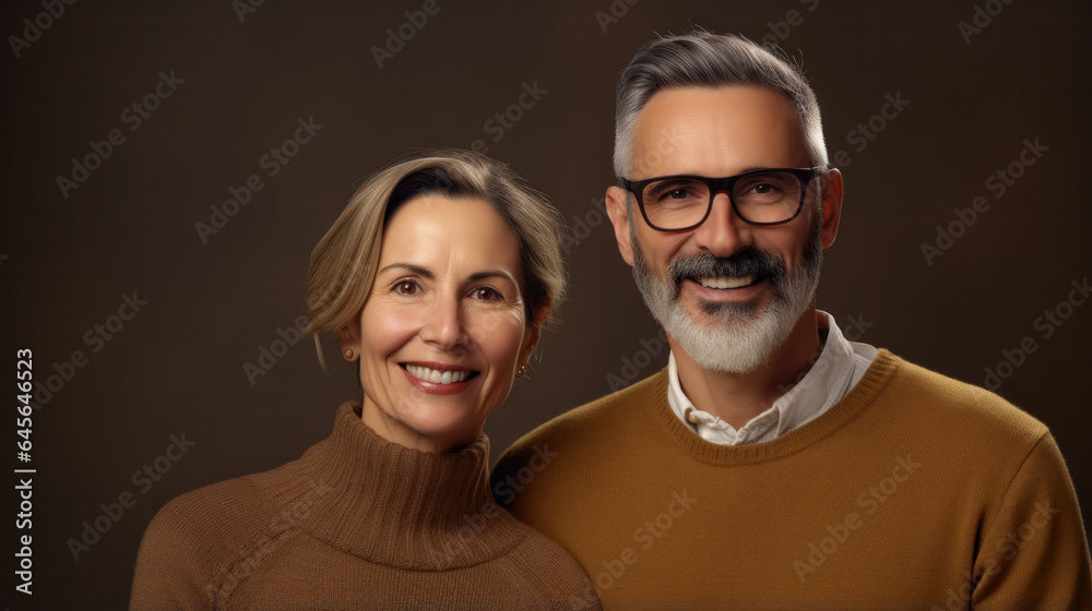 Smiling Middle-Aged Couple in Jumpers and Glasses: Daily Lifestyle Vibes on a Brown Background.