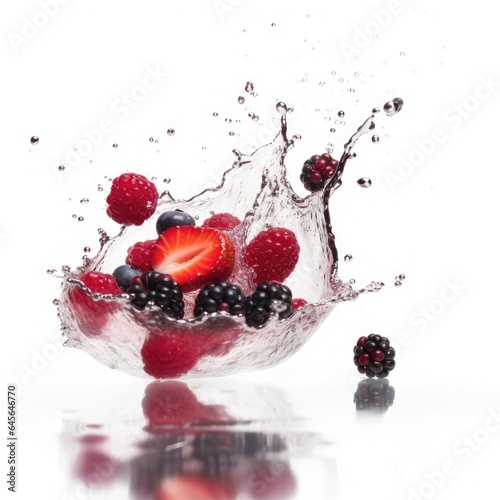 Berries falling into water splash on white background