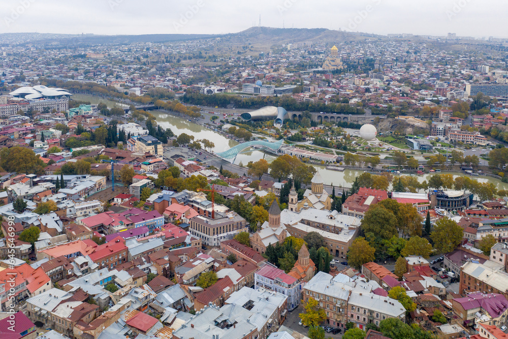Aerial view of central part of the city on cloudy day. Tbilisi, Georgia.