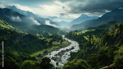 Drone Shot of a Natural River Floating Through Rainforest Cloudy Sky and Mountains Waterfalls