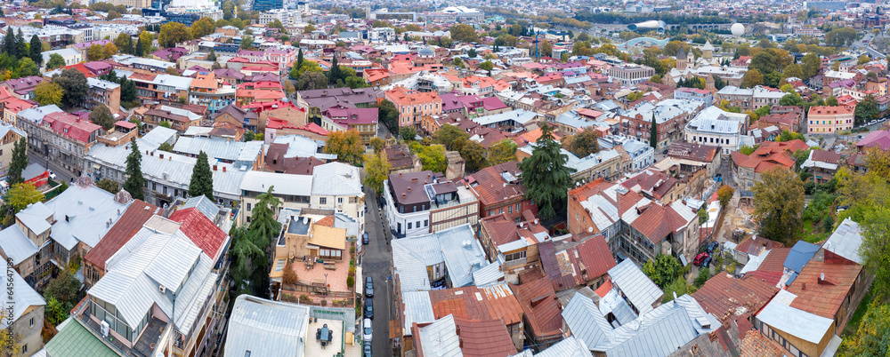Panoramic aerial view of Old Town on cloudy autumn day. Tbilisi, Georgia.