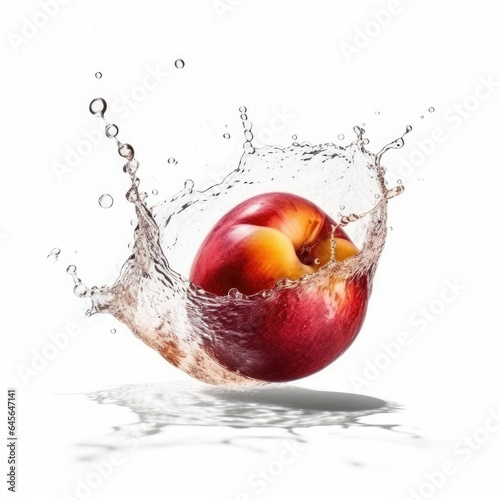 Nectarine falling in water splash on white background