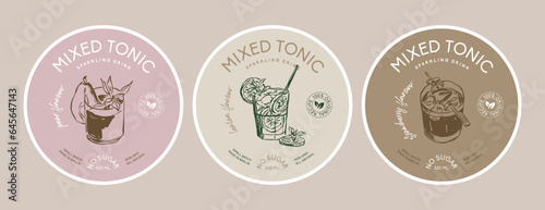 Vector round packaging label design template collection with beverage illustrations