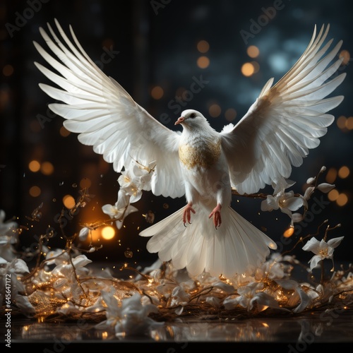 Flight of Peace: White and Golden Dove Taking Off Amidst Lilies in the Christmas Holiday Season, generative ai