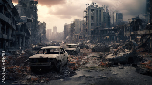 Urban Apocalypse: Devastated Cityscape with Ruined Buildings, Charred Vehicles, and Broken Roads. © Ai Studio