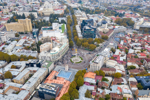 Fototapeta Naklejka Na Ścianę i Meble -  Aerial view of Liberty Square on cloudy autumn day. Tbilisi, Georgia.