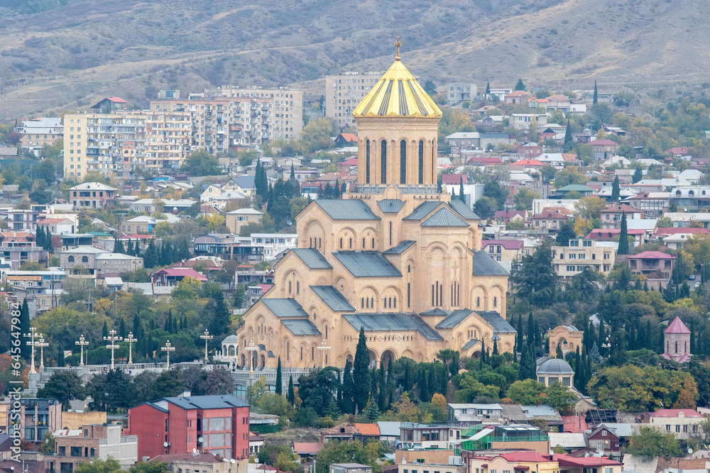 View of Holy Trinity Cathedral on cloudy autumn day. Tbilisi, Georgia.