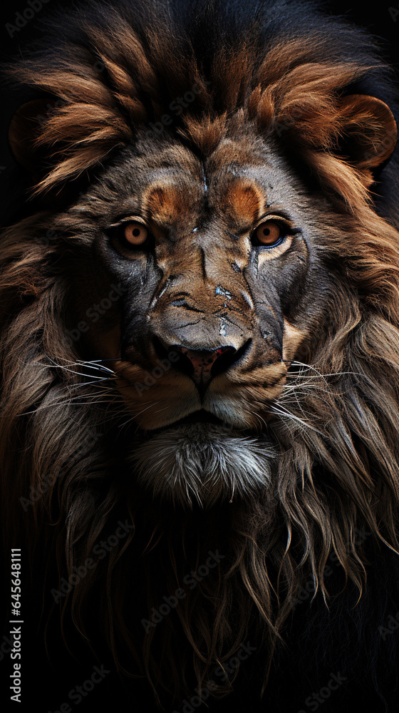 Fototapeta premium A Big Fierce Male Lion Face Close-Up Selective Focus