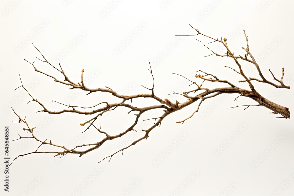 Broken Acacia Tree Branch on White Background. Fragile and Dry Element