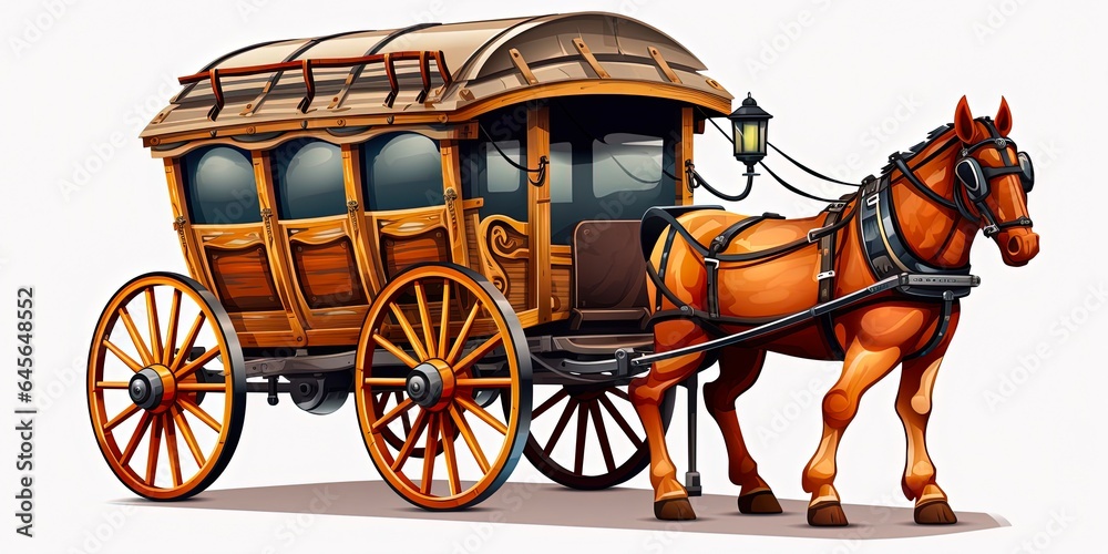 Fototapeta Classic Single Horse Cart with Wooden Wheels. Traditional Carriage Wagon Coach Transporter Vehicle for Rural Transportation