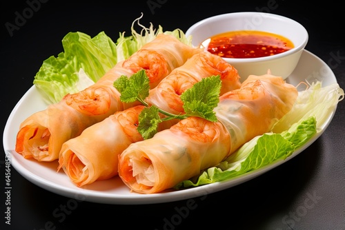 Crispy Fried Shrimp Spring Roll on Lettuce Plate. Delicious Homemade Asian Snack Rolled with Egg and Lettuce, Perfect for Asian Culture and Cuisine