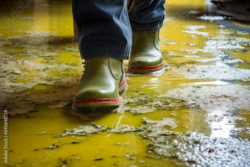 Wet Carpet - Cropped Shot of Adult's Rubber Boot on Flooded Carpet. Indoor Accident Day Time Shot of Drenched Carpet