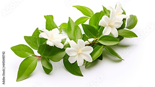 White Jasmine Flower with Fresh Green Leaves - Isolated on Pure Background © AIGen