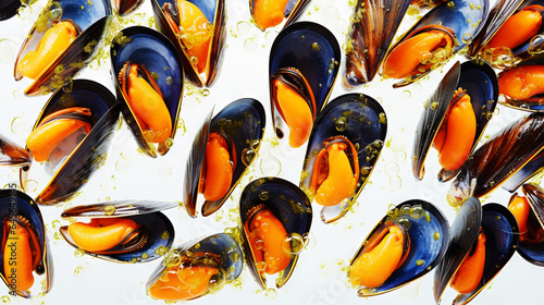 Raw Mussels on ice in the restaurant . Fresh seafood shellfish background. Generative AI