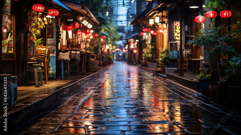 Narrow Alleyway Japan Empty Street Wet Stone Path at Evening