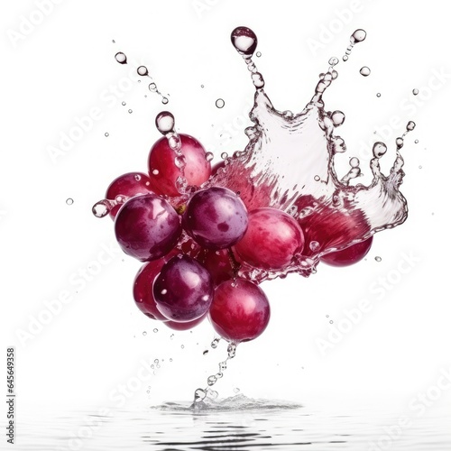 Grapes falling into water on white background