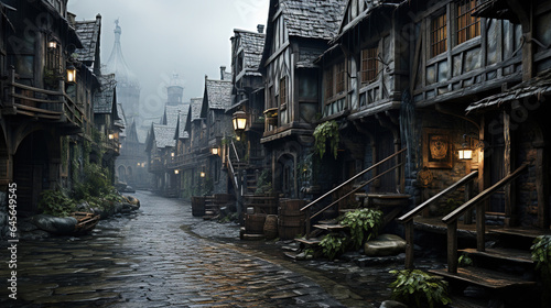 Medieval Times Dark Empty Streets With Stone Path Gray Skies